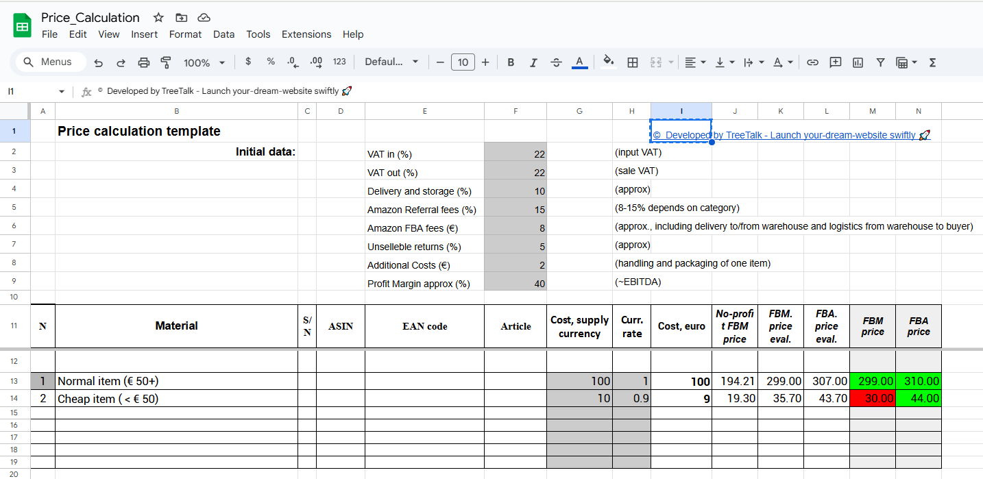 Amazon Product Pricing Calculator SpreadSheet Template