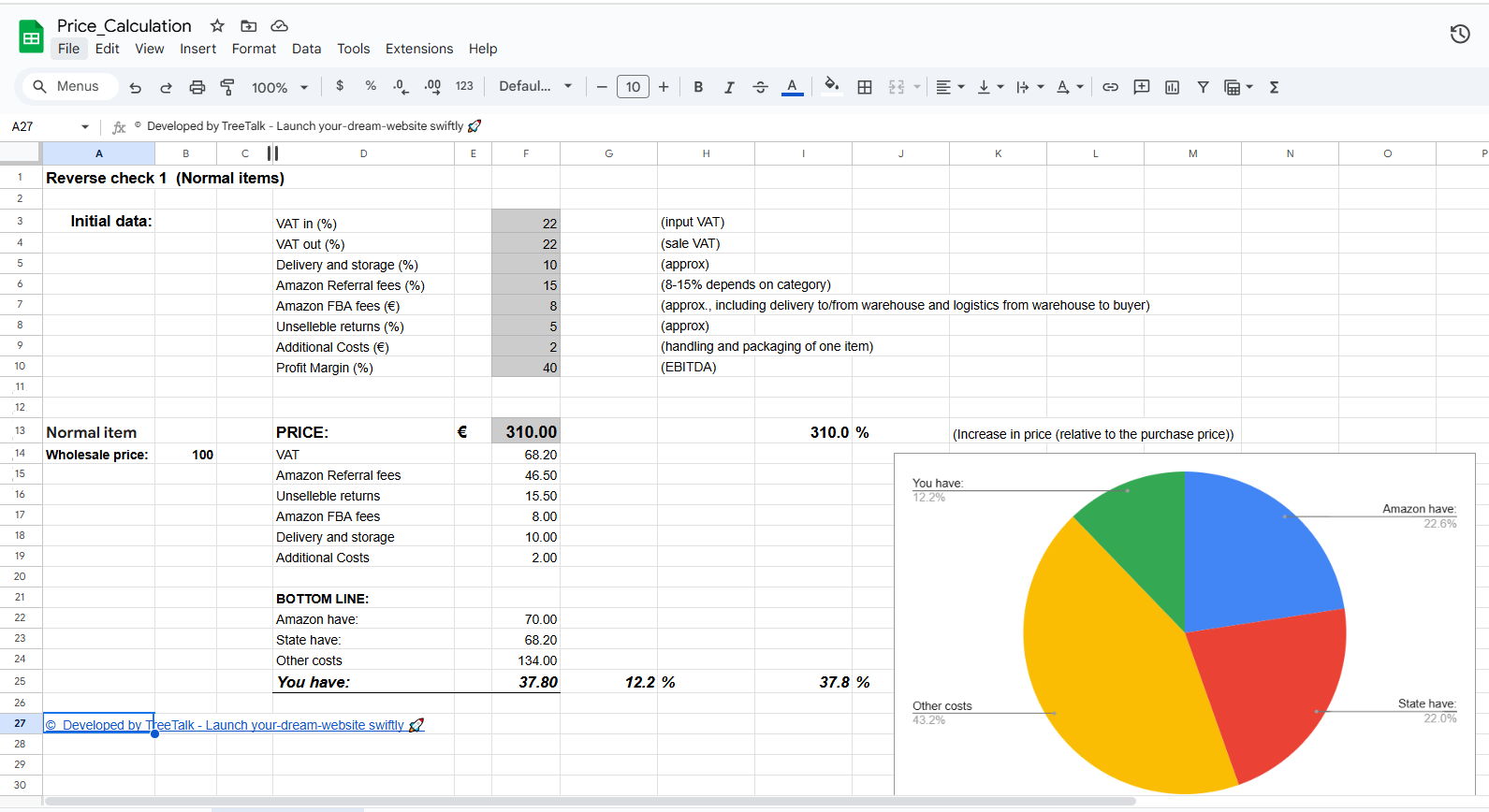 Amazon Product Pricing Calculator SpreadSheet Template Tab 2